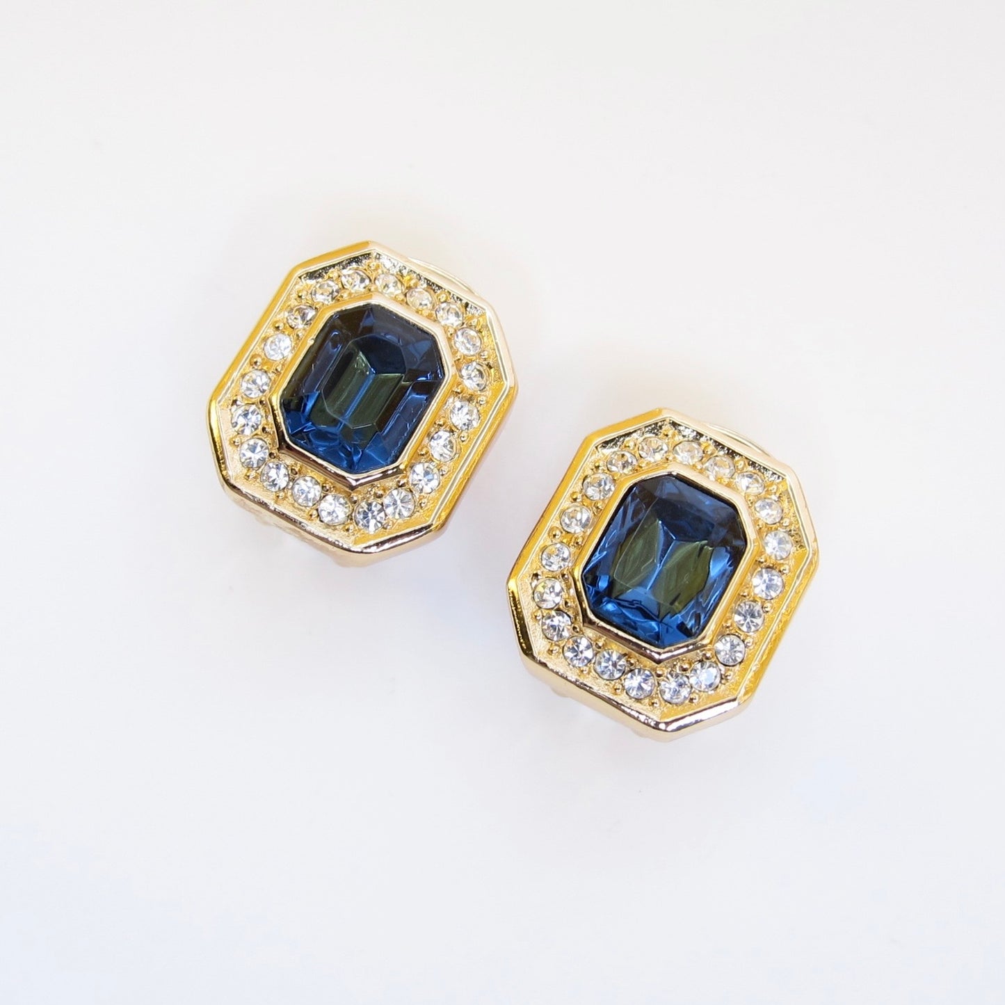 Christian Dior Vintage Octagon Blue and Rhinestone Golden Clip-on Earrings