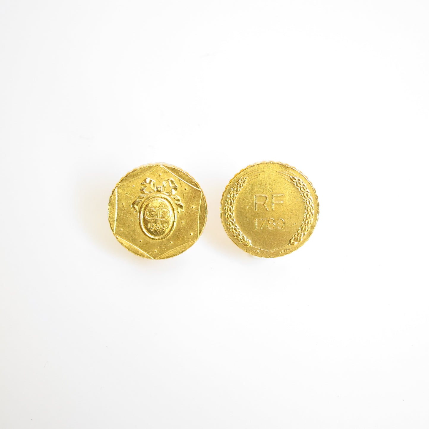 Christian Dior Vintage CD Logo on Round and RF 1789 Coin Motif Golden Clip-on Earrings