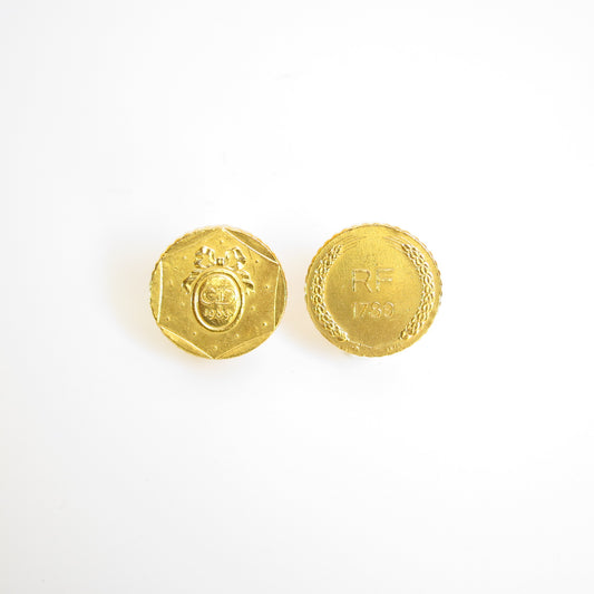 Christian Dior Vintage CD Logo on Round and RF 1789 Coin Motif Golden Clip-on Earrings