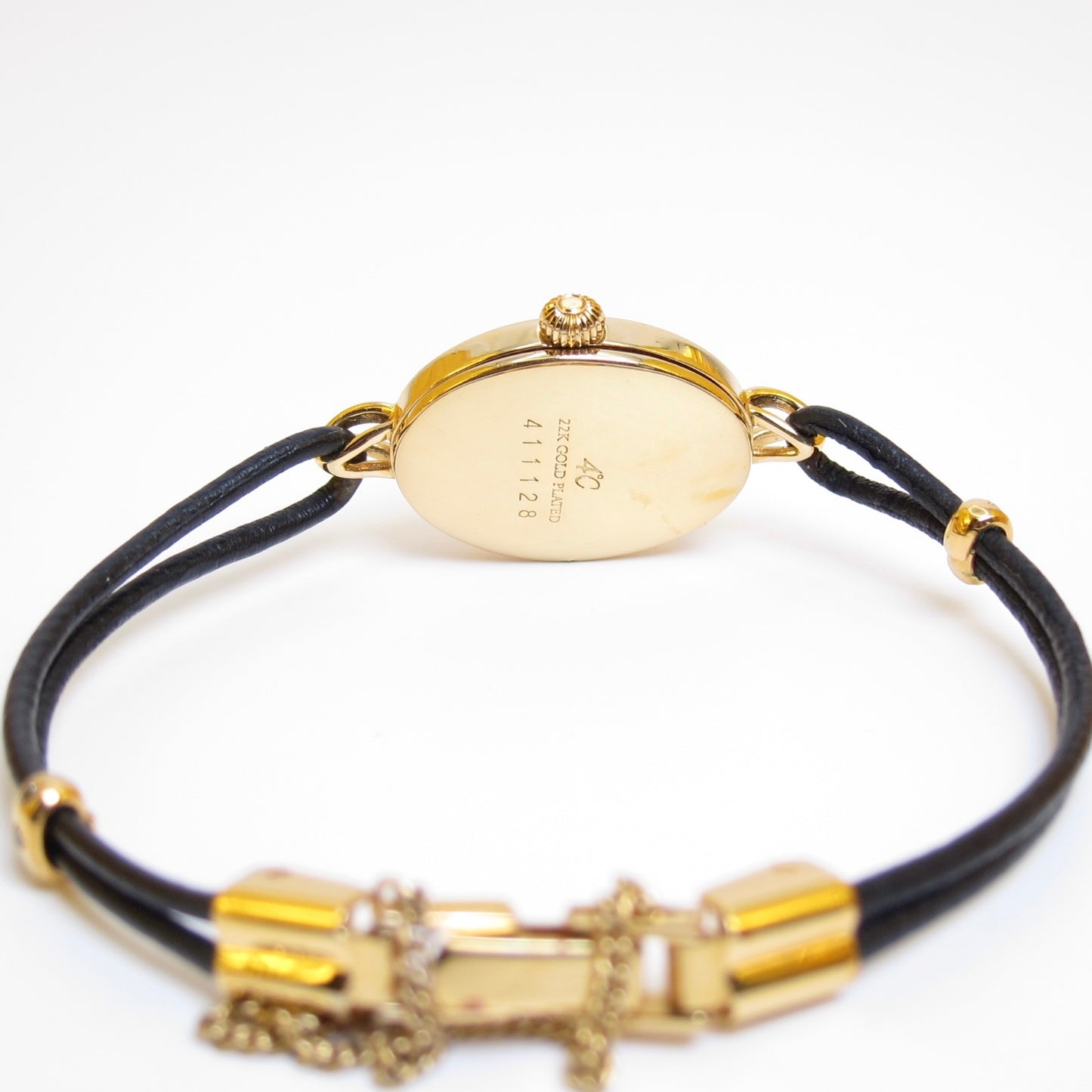 4°C Vintage Oval White Dial Black Leather Cord Bracelet Watch