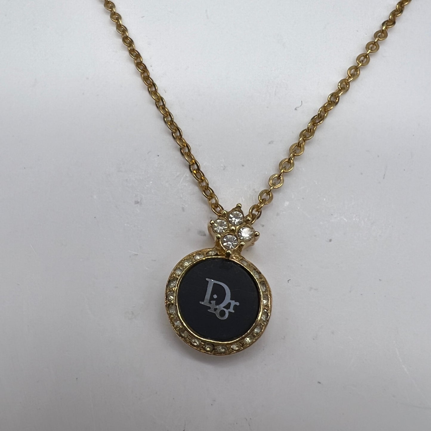 Christian Dior Vintage Logo In Black Circle Plate with Rhinestone Golden Necklace