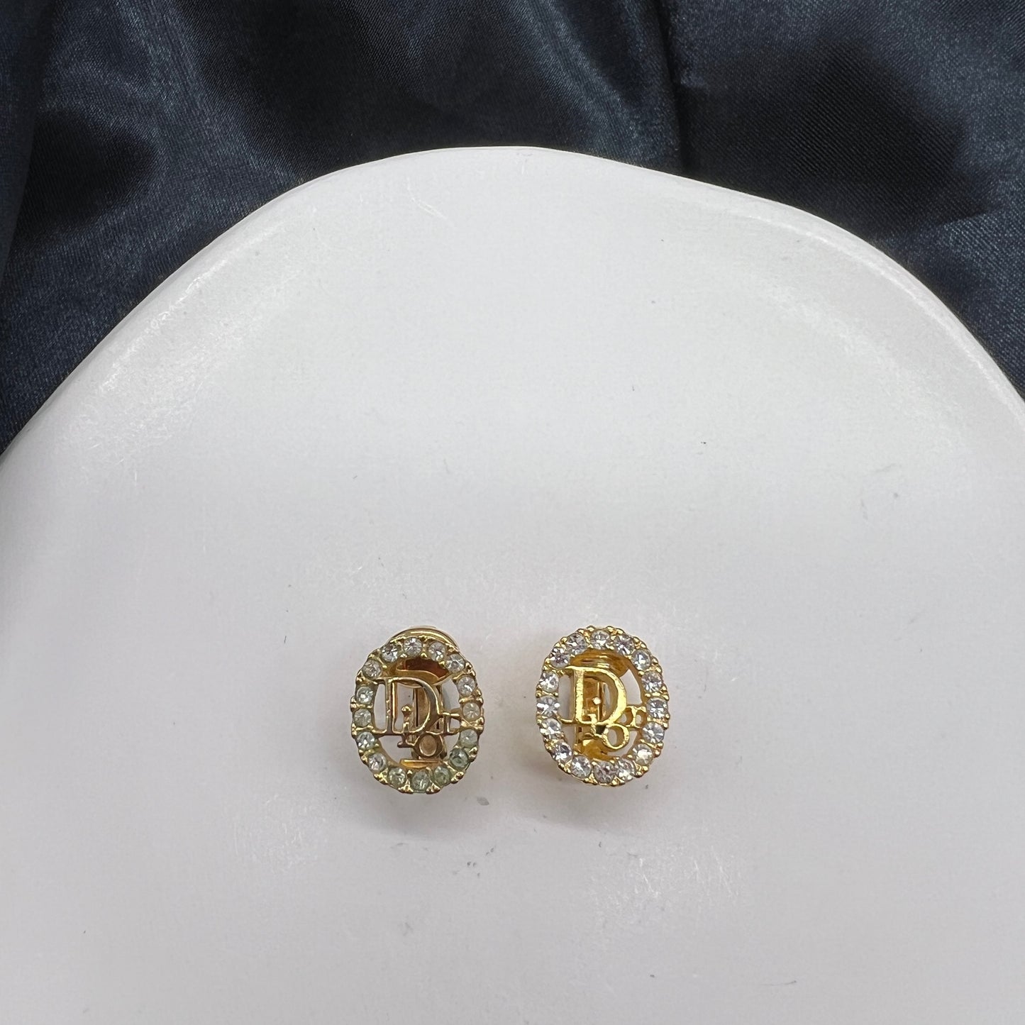 Christian Dior Vintage Oval Logo with Rhinestone Embellished Golden Clip-On Earrings