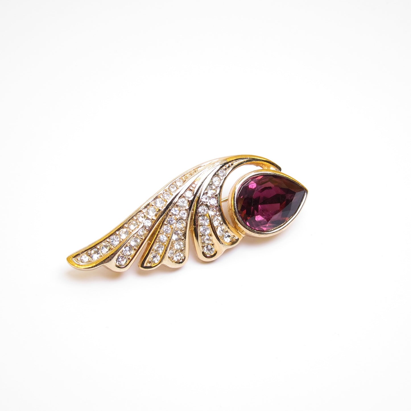 Christian Dior Vintage Plum Color Stone and Rhinestone Golden Brooch