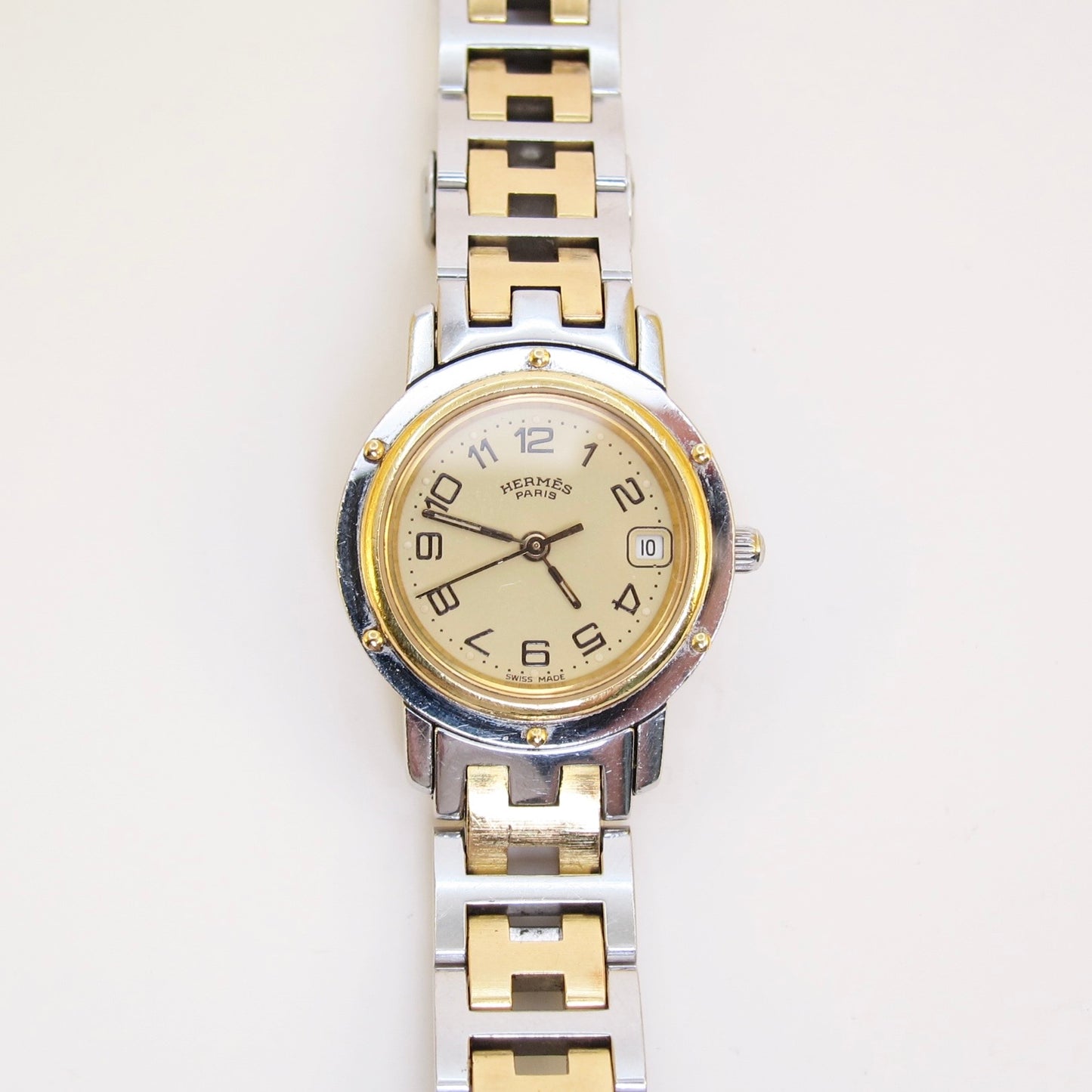 Hermes Vintage Clipper Ivory Face with Date and H Bracelet Two Tone Watch