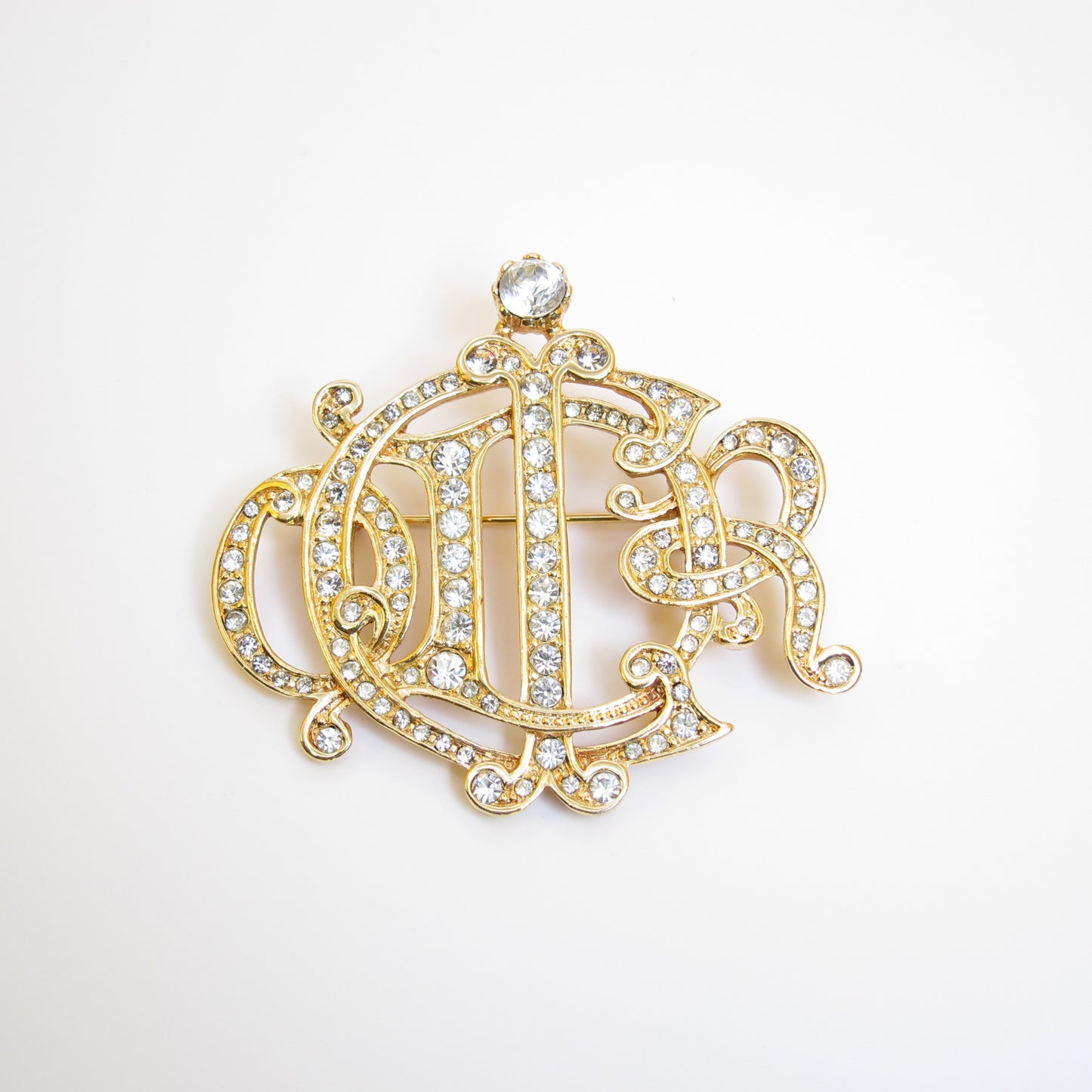 Christian Dior Vintage Dior Logo with Rhinestone Golden Brooch