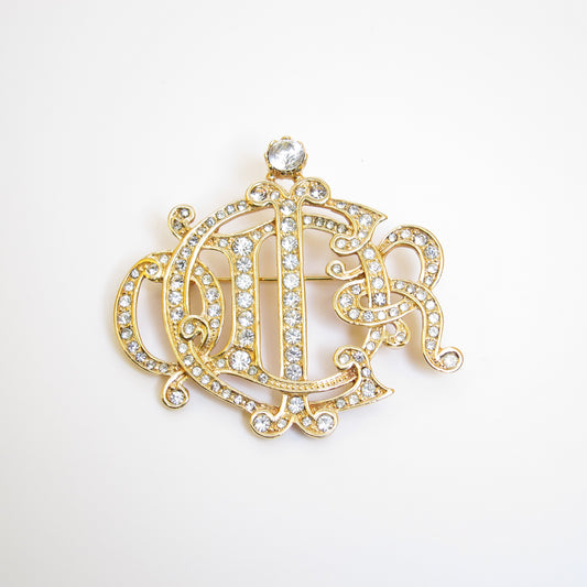 Christian Dior Vintage Dior Logo with Rhinestone Golden Brooch