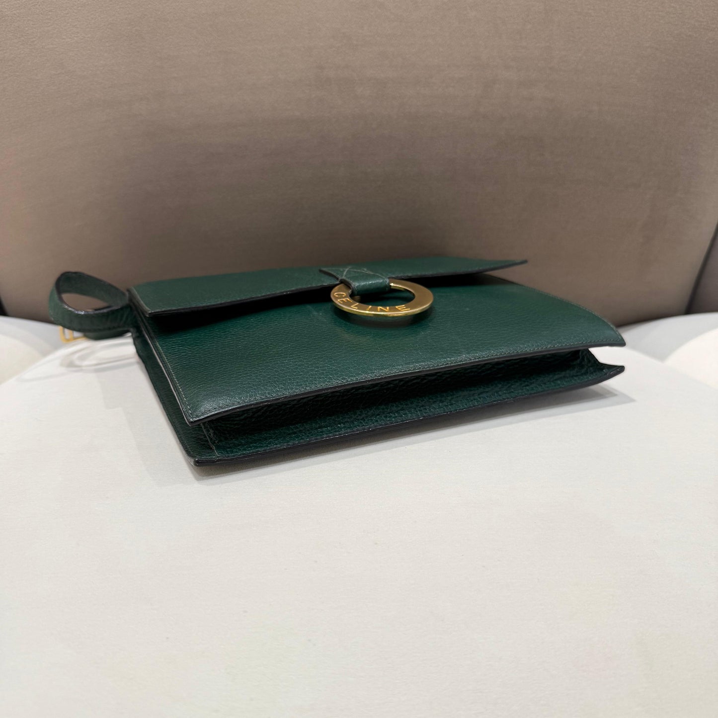 Celine Vintage Circle Logo Forest Green Leather Shoulder Bag