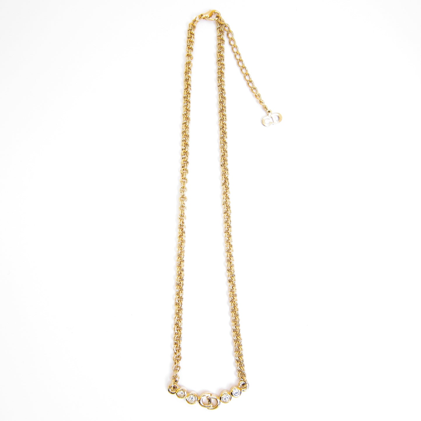Christian Dior Vintage CD Logo and Rhinestone Golden Necklace