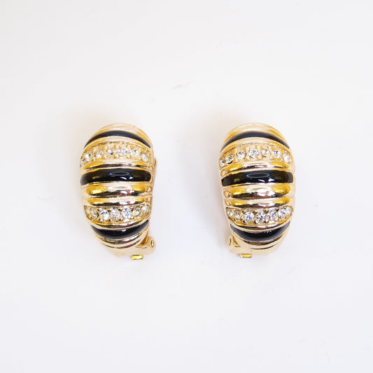 Christian Dior Vintage Stylish Black and Rhinestone Golden Clip-on Earrings