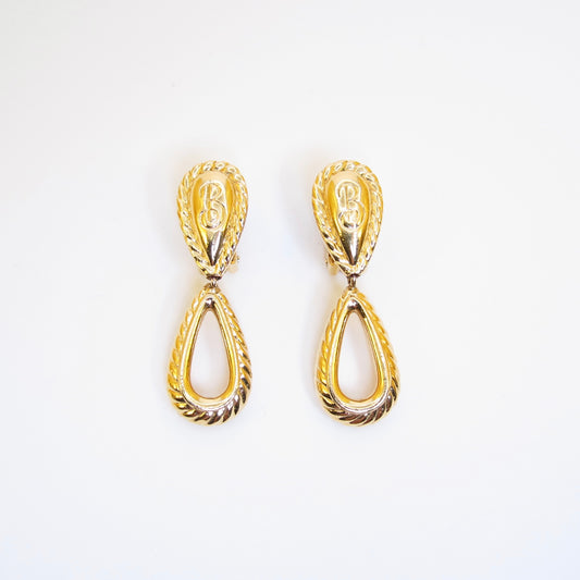 Burberry Vintage B Logo Drop Shaped Dangle Golden Clip-on Earrings