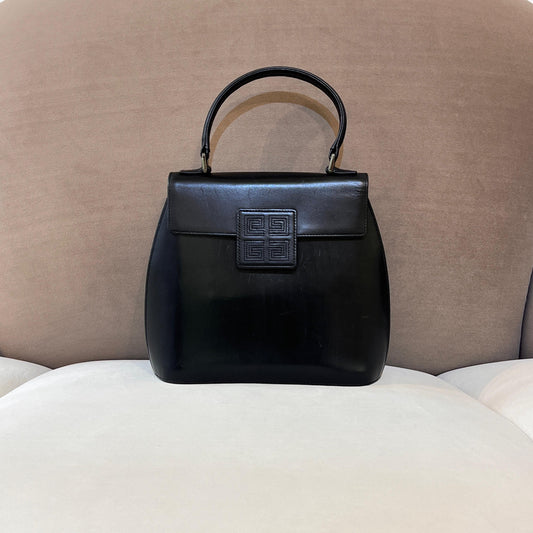 Givenchy Vintage Black Structured Leather Top Handle Bag With Tonal Anagram Patch