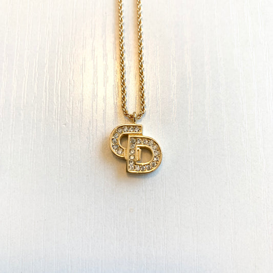 Christian Dior 復古 CD 標誌鑲水鑽金色項鍊