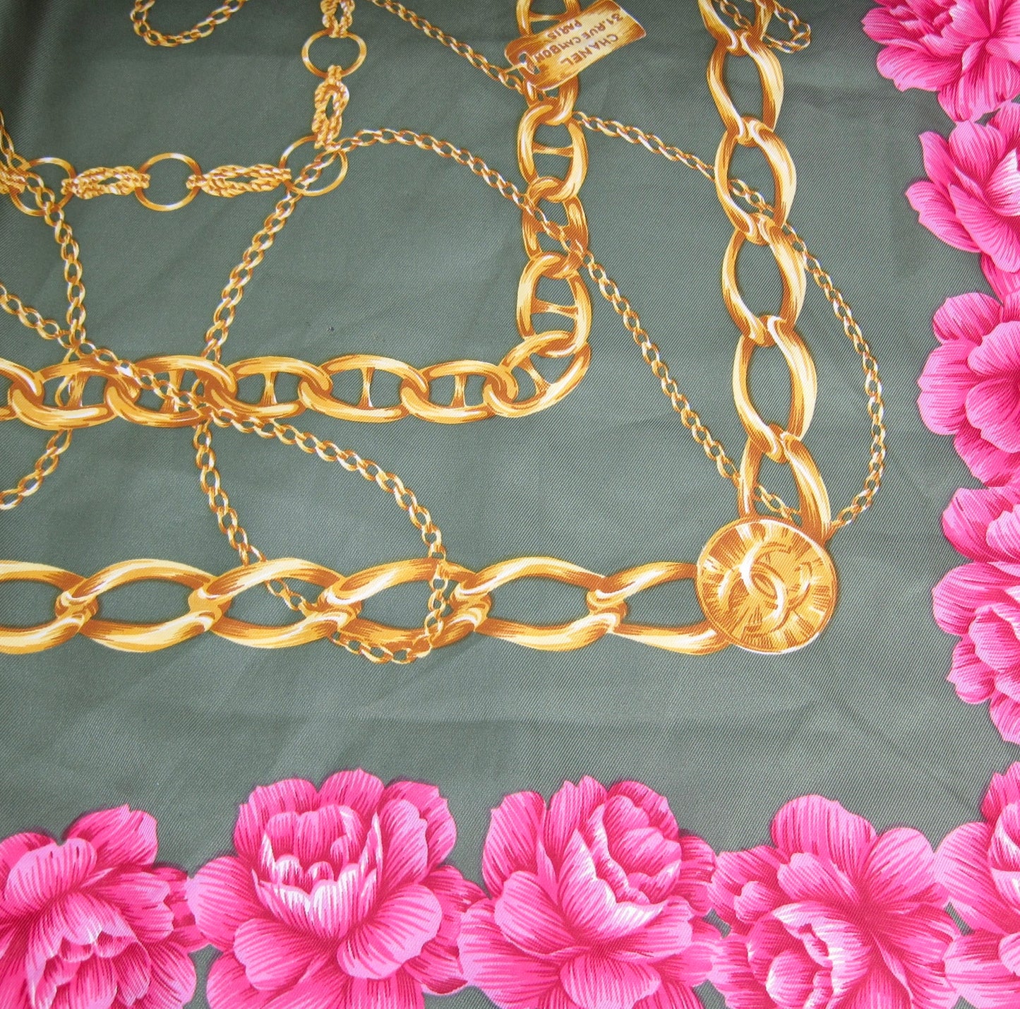 Chanel Vintage CC Logo Olive Green Chain Rose Floral Silk Scarf
