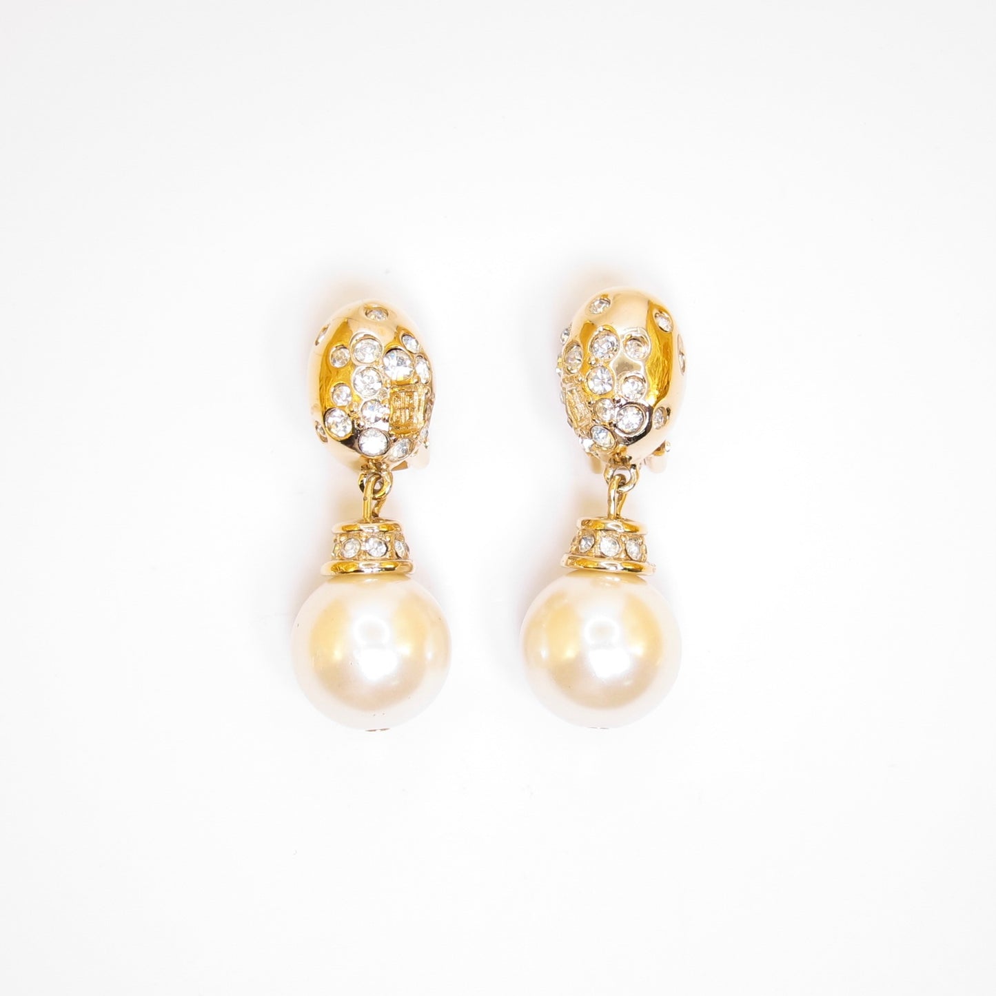 Givenchy Vintage 4G Logo Rhinestone and Pearl Golden Clip-on Earrings
