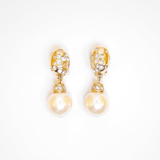Givenchy Vintage 4G Logo Rhinestone and Pearl Golden Clip-on Earrings
