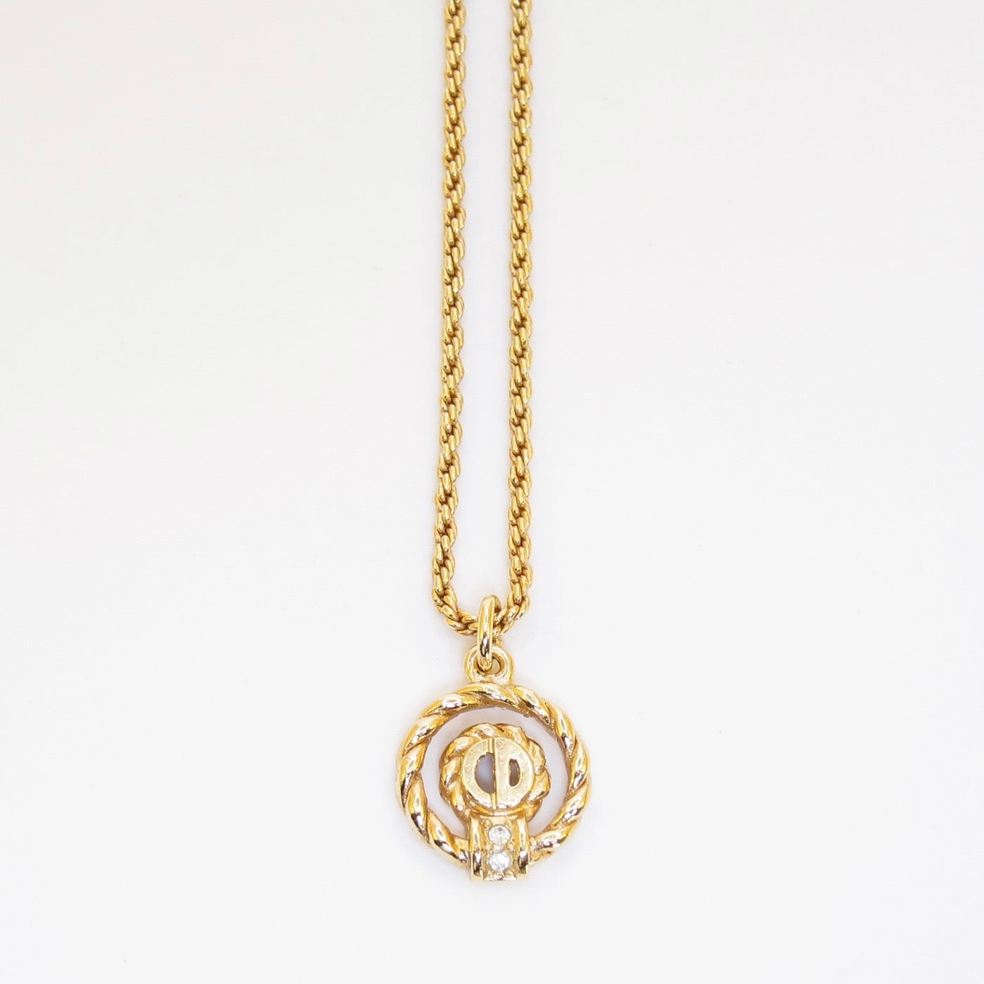 Christian Dior Vintage CD Logo in Twist Circle and Rhinestone Golden Necklace