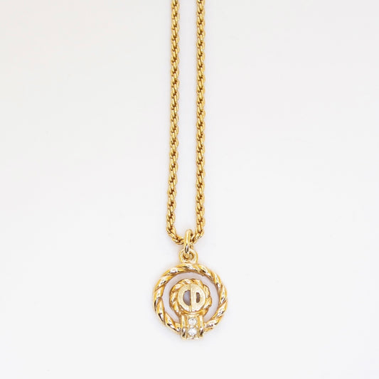 Christian Dior Vintage CD Logo in Twist Circle and Rhinestone Golden Necklace