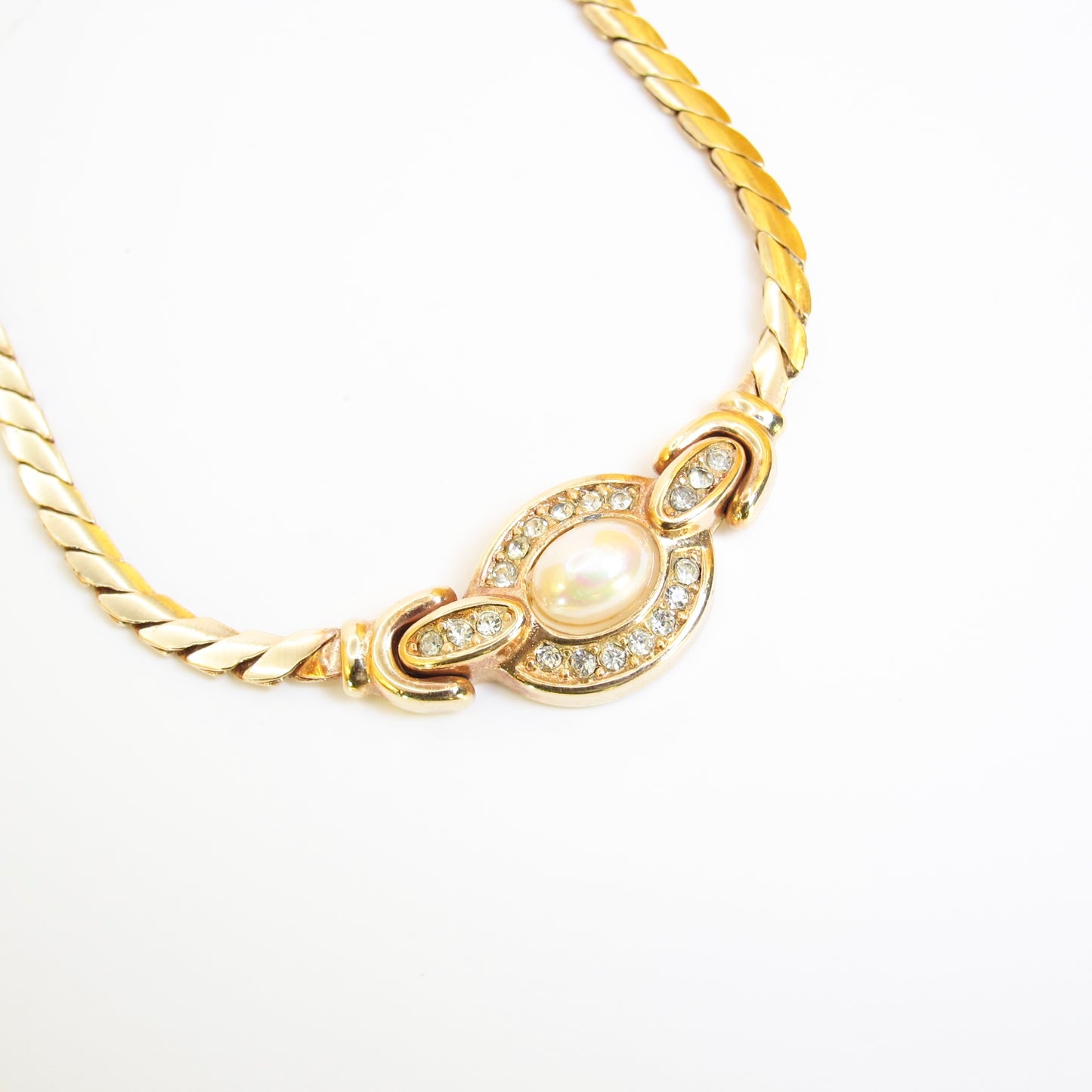 Christian Dior Vintage Oval Shape Pearl and Rhinestone Golden Necklace