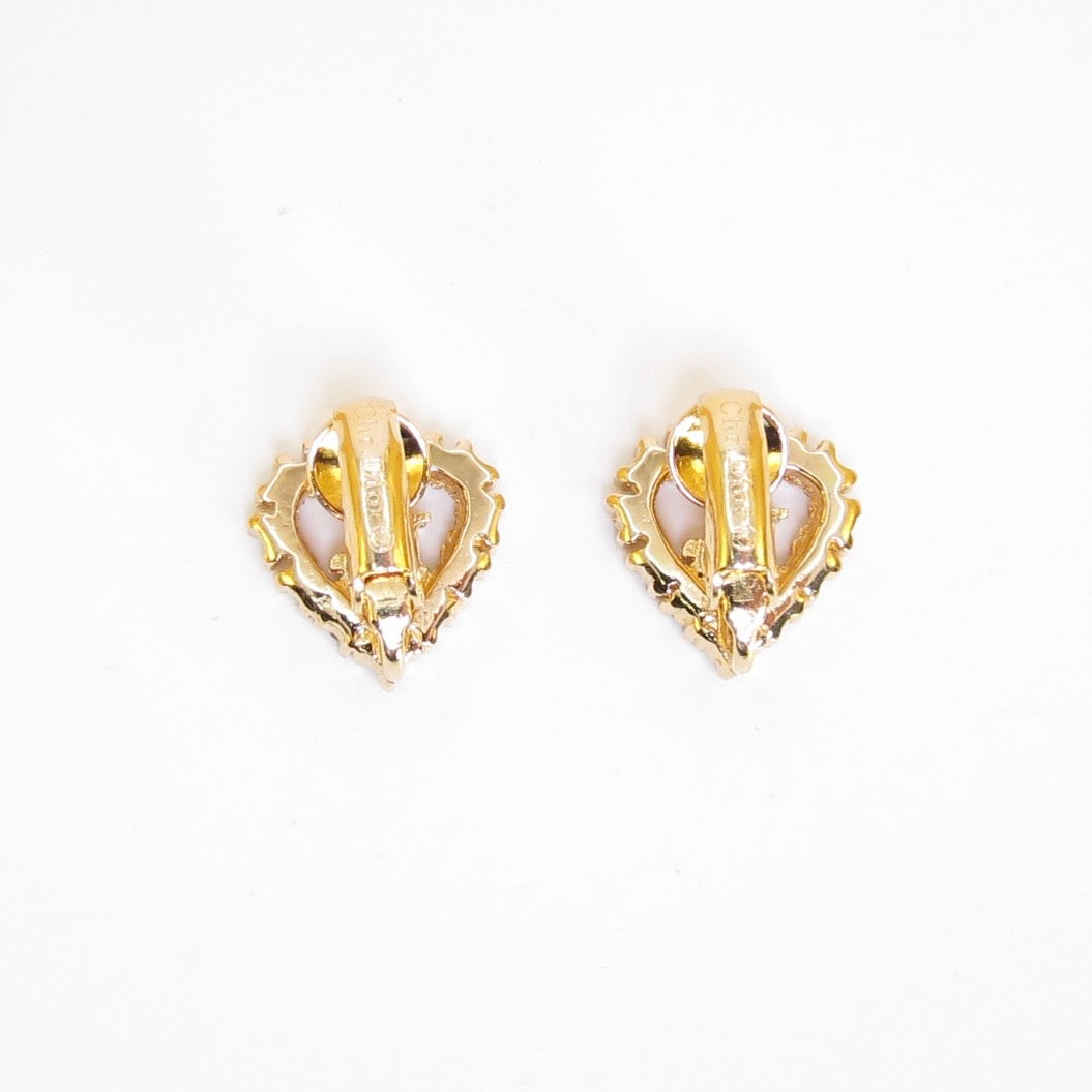 Christian Dior Vintage Dior Logo in Heart with Rhinestone Golden Clip-on Earrings