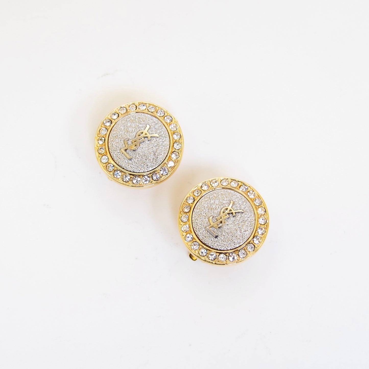 Yves Saint Laurent Vintage YSL Logo on Silver Circle with Rhinestone Golden Clip-on Earrings