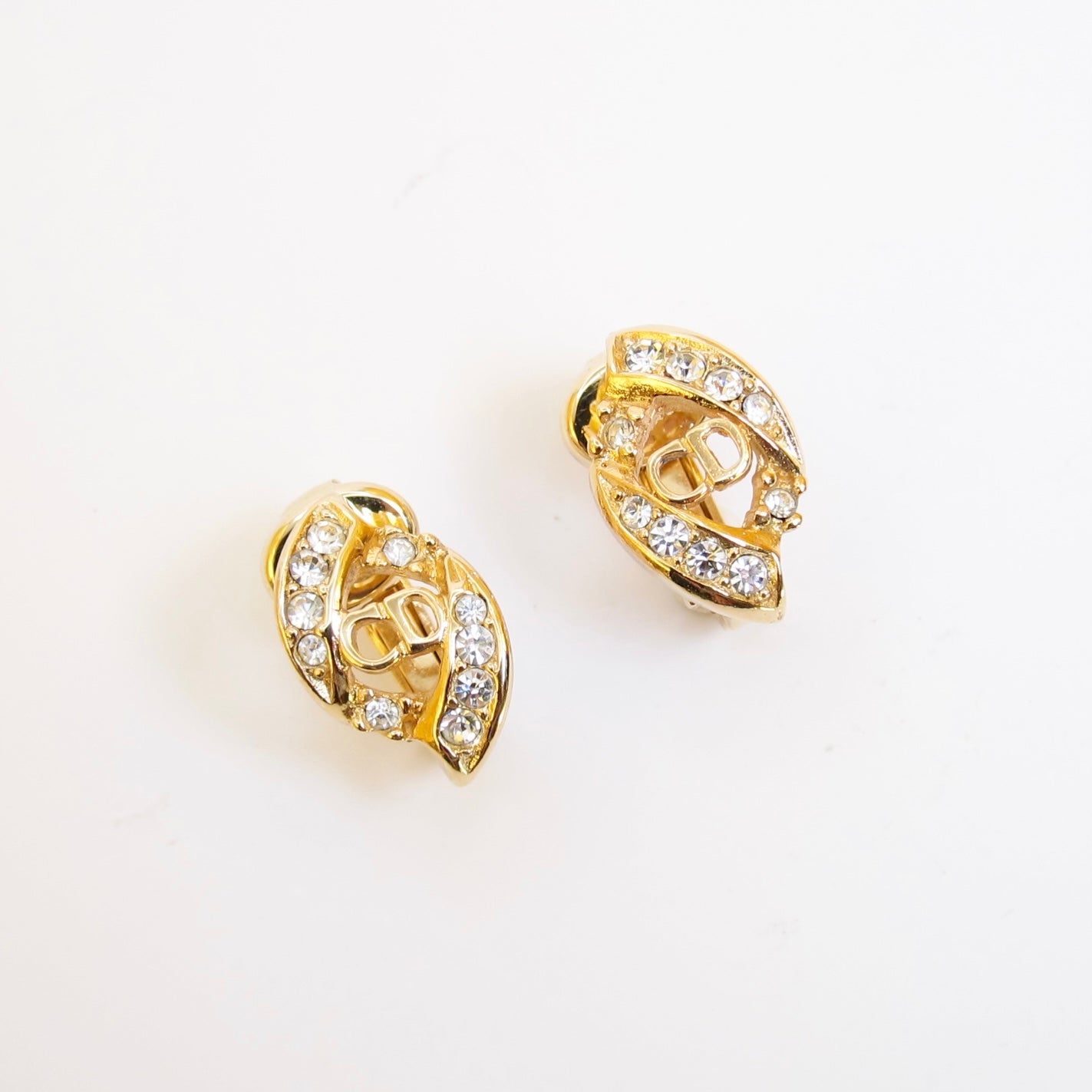 Christian Dior Vintage CD Logo and Rhinestone Golden Clip-on Earrings