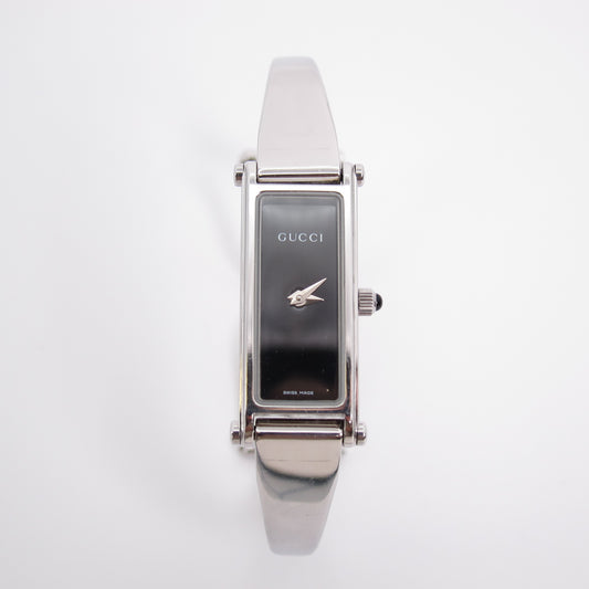 Gucci Vintage Rectangle Black Face Silver Bangle Watch