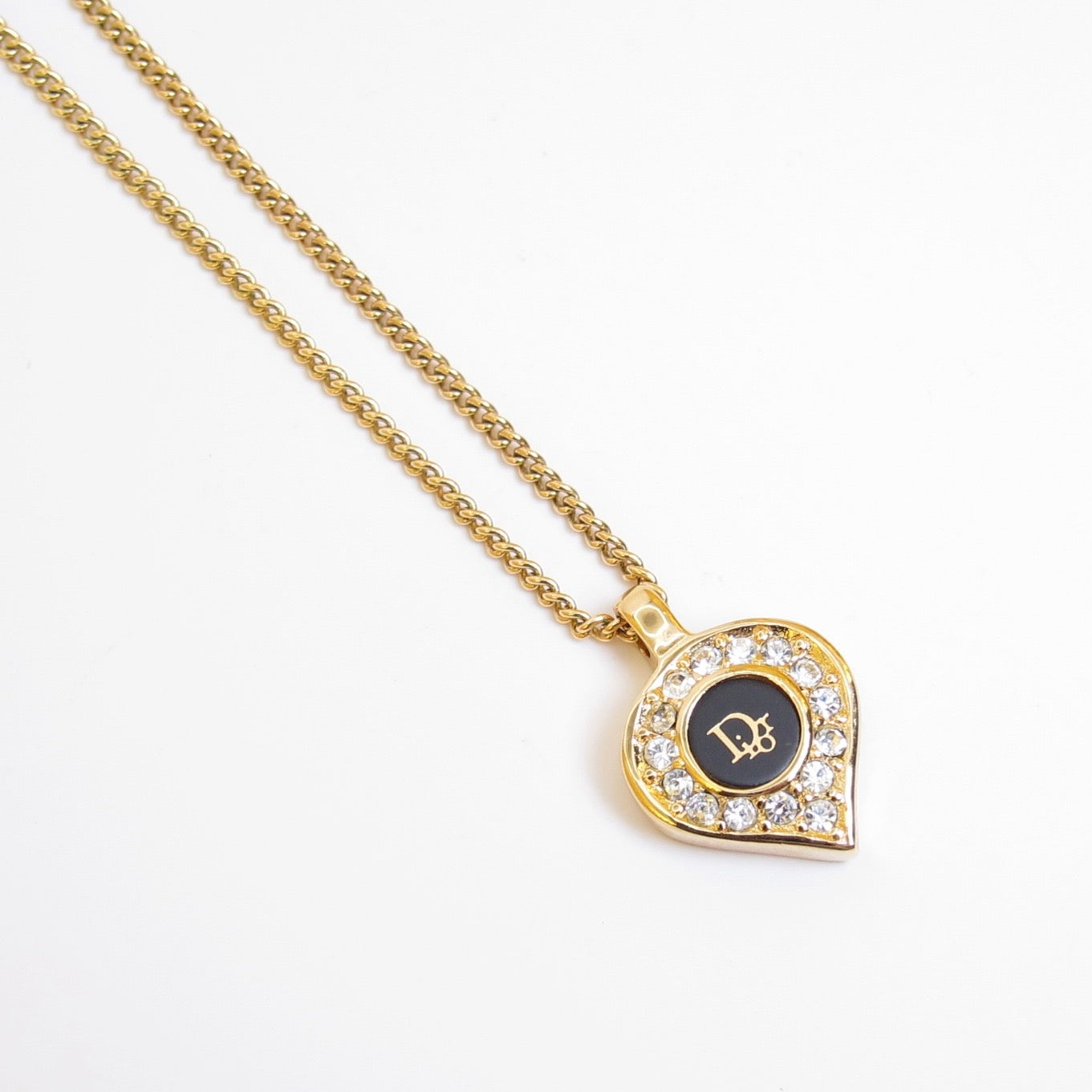 Christian Dior Vintage Dior Logo Black and Rhinestone Golden Necklace