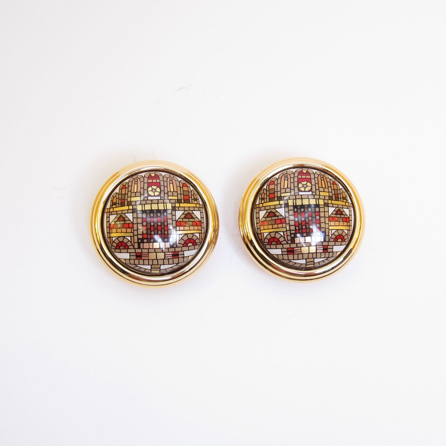 Hermes Vintage Enamel Mosaic Geometric Round Golden Clip-on Earrings