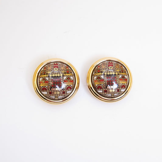 Hermes Vintage Enamel Mosaic Geometric Round Golden Clip-on Earrings