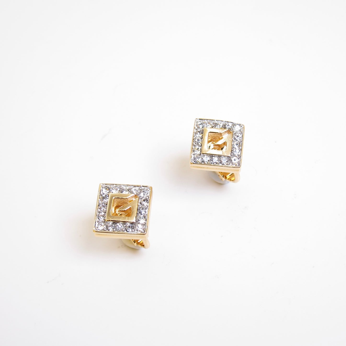Givenchy Vintage G Logo and Rhinestone Rhombus Golden Clip-on Earrings