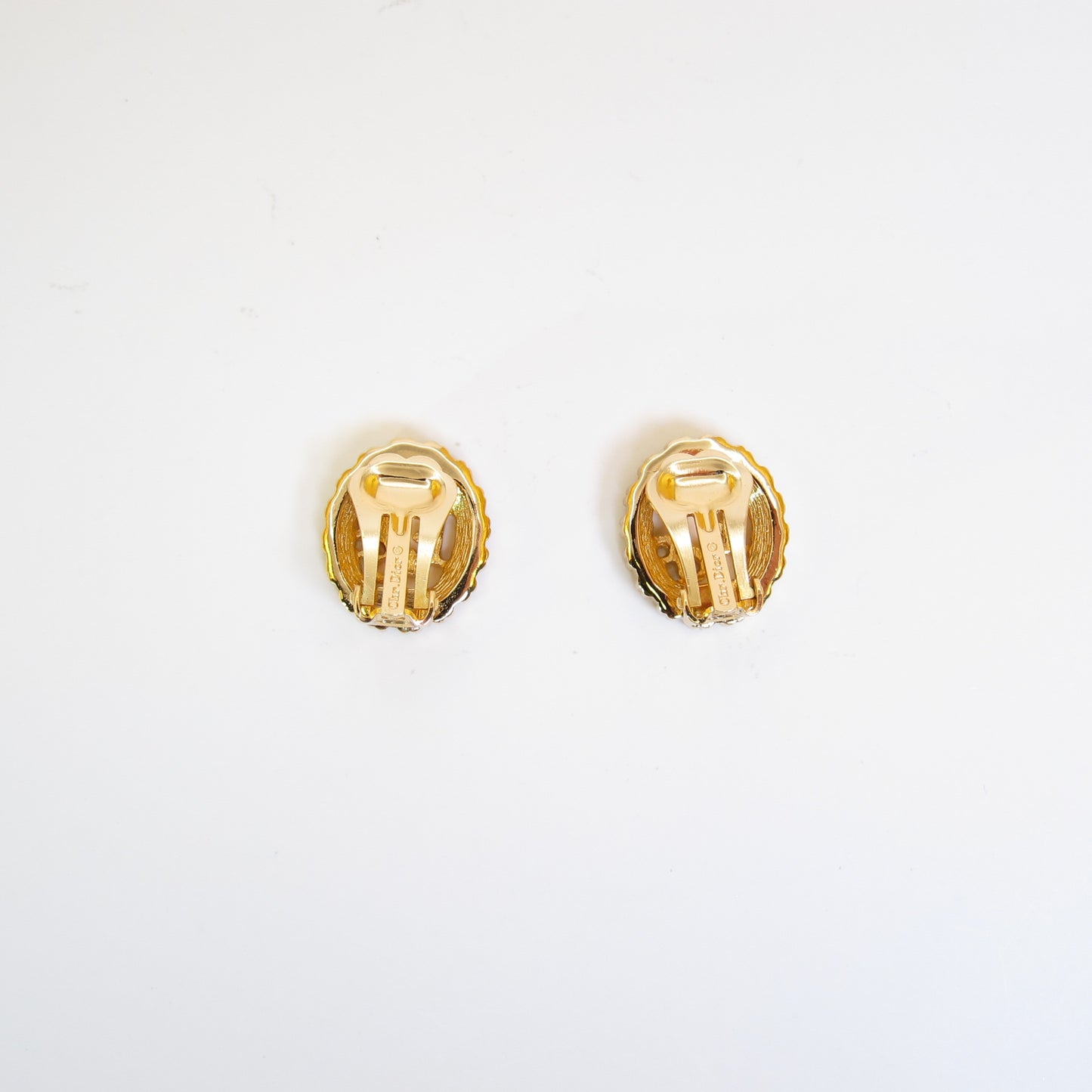 Christian Dior Vintage Dior Logo in Oval Shape with Rhinestone Golden Clip-on Earrings