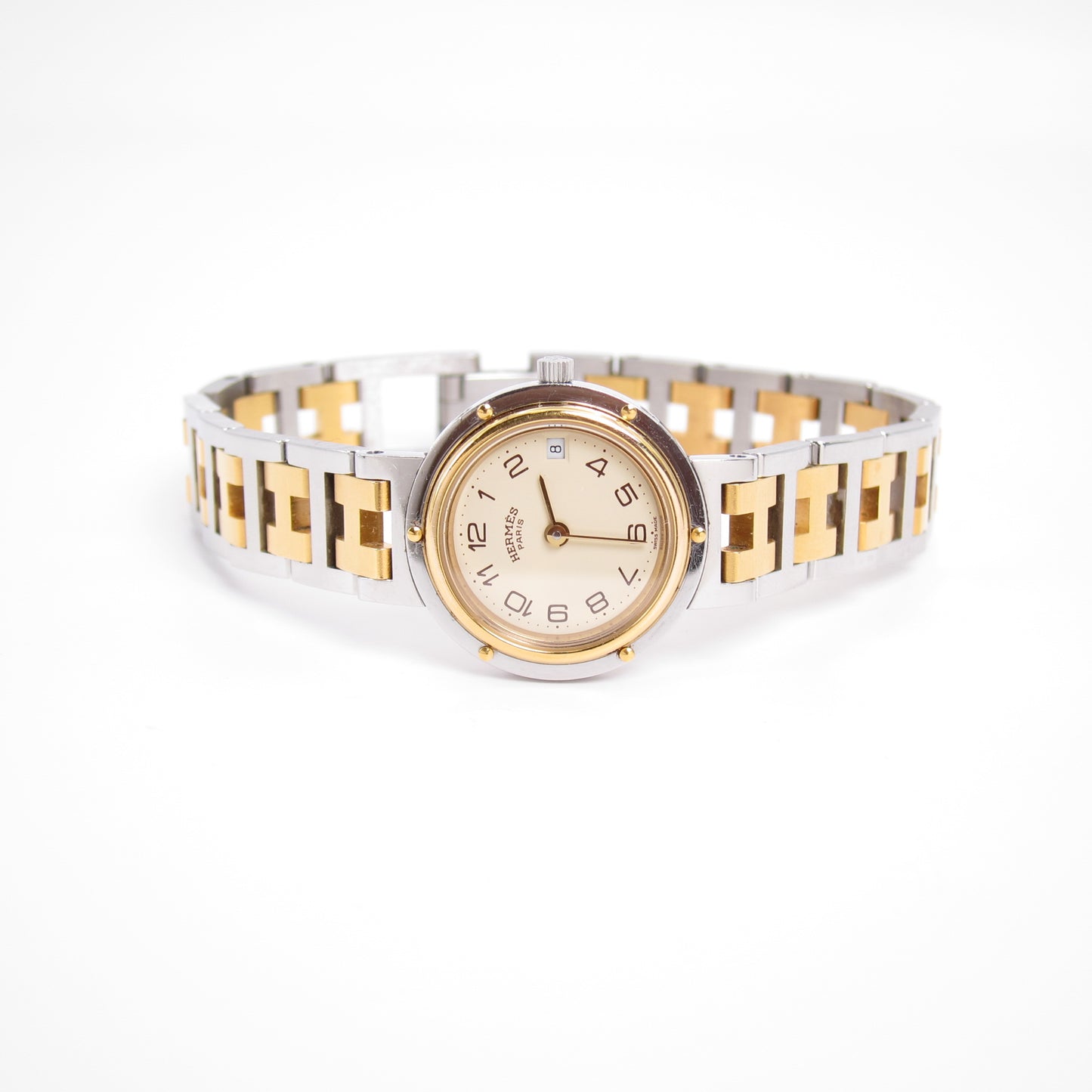 Hermes Vintage Clipper Ivory Dial with Date and H Bracelet Two Tone Watch