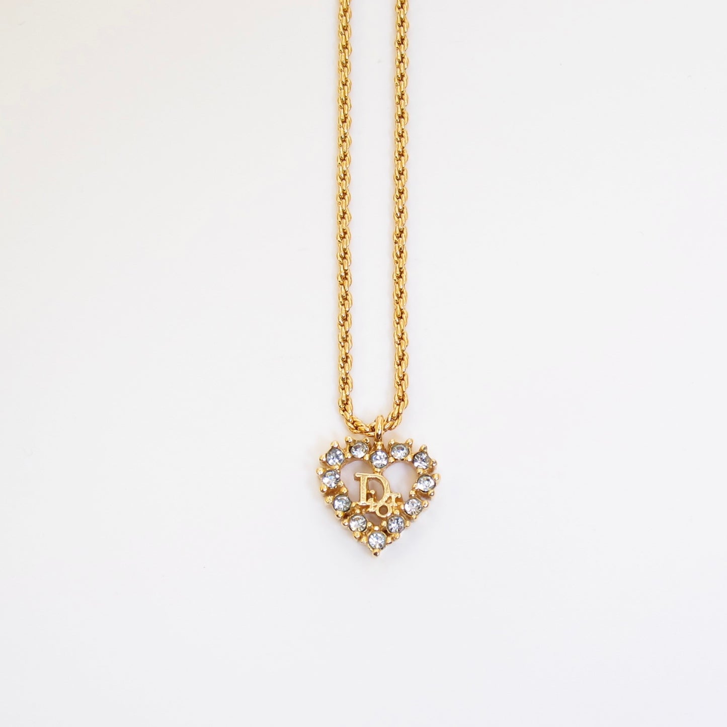 Christian Dior Vintage Dior Logo in Heart with Rhinestone Golden Necklace