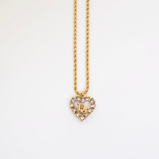 Christian Dior Vintage Dior Logo in Heart with Rhinestone Golden Necklace