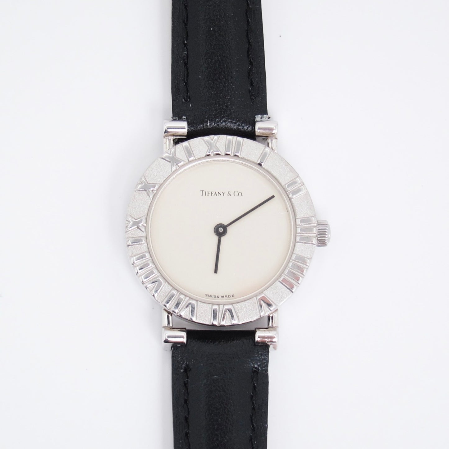 Tiffany Vintage Atlas Round Dial 925 Sterling Silver and Black Leather Strap Quartz Watch