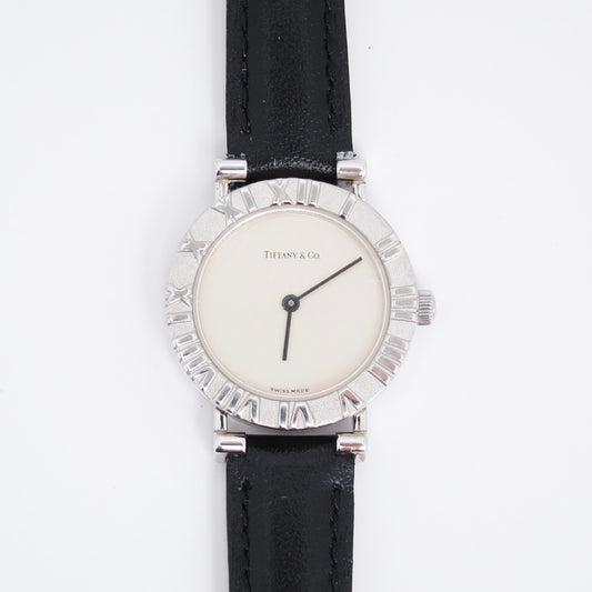Tiffany Vintage Atlas Round Dial 925 Sterling Silver and Black Leather Strap Quartz Watch