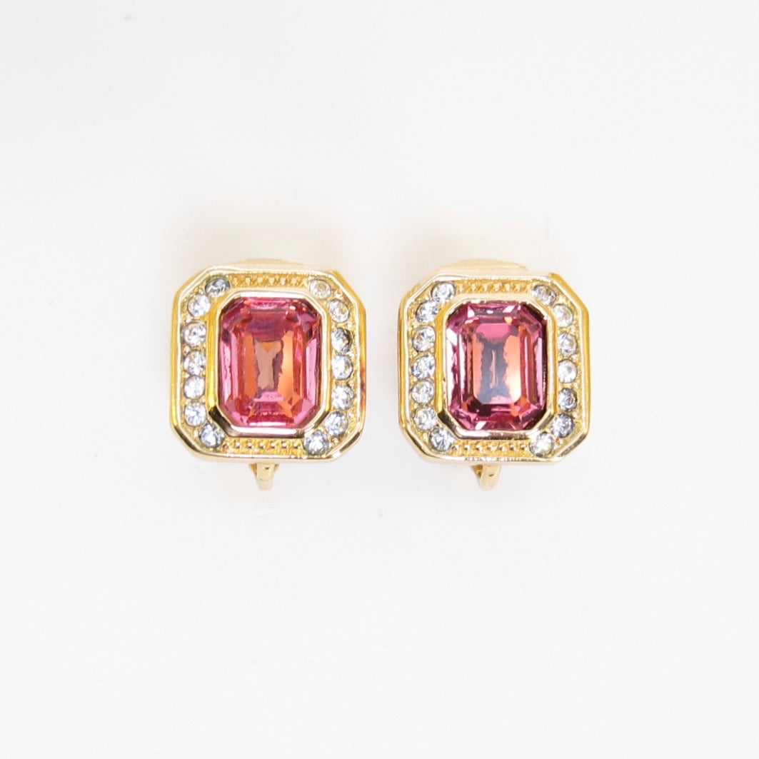 Christian Dior Vintage Octagon Pink and Rhinestone Golden Clip-on Earrings