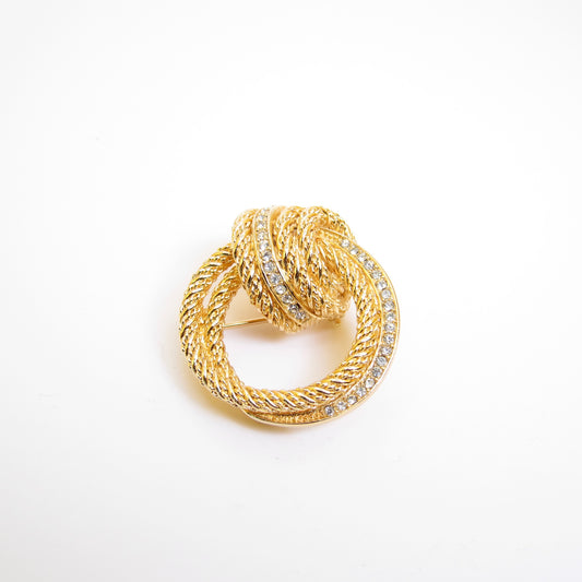 Christian Dior Vintage Rhinestone Twisted Circle Golden Brooch