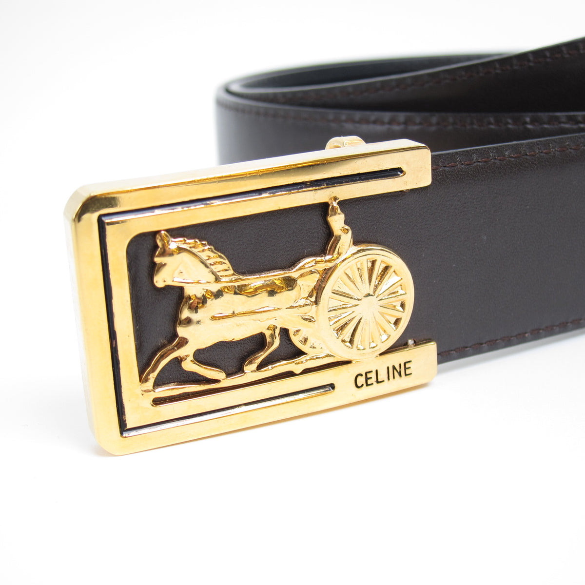 Celine Vintage Sulky Carriage Golden Buckle Dark Brown Leather Belt