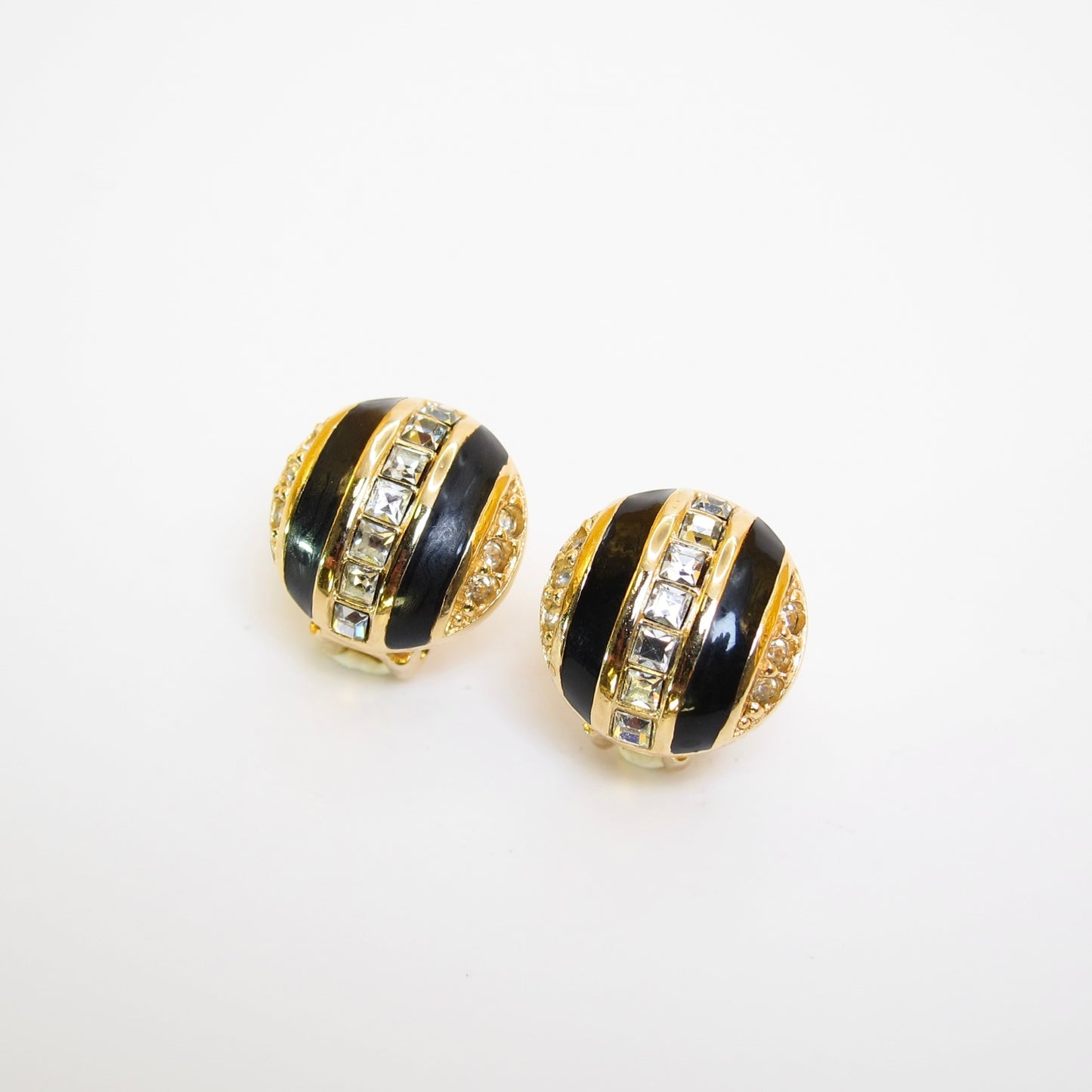 Christian Dior Vintage Round Shape Rhinestone and Black Golden Clip-on Earrings