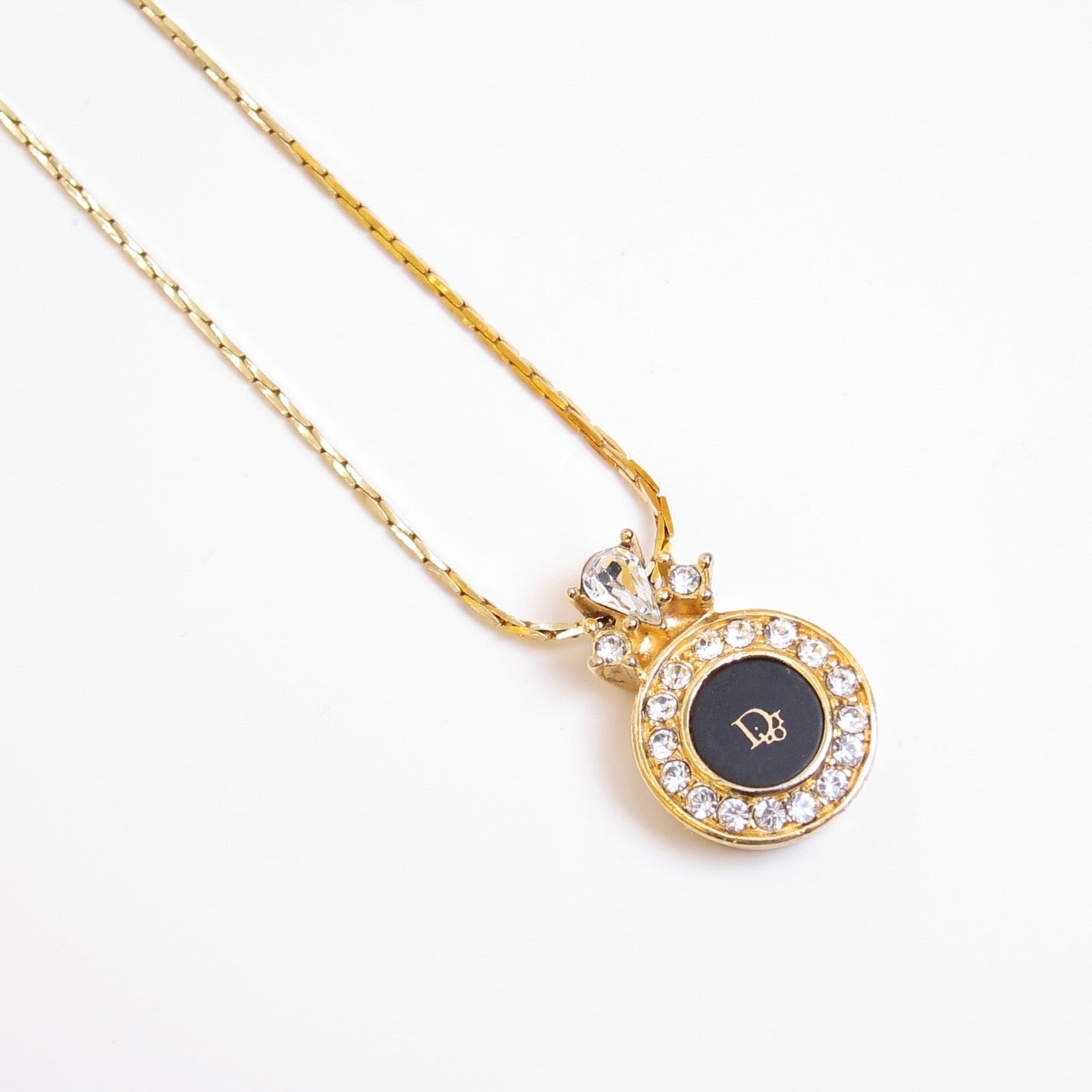 Christian Dior Vintage Dior Logo on Round Shaped Black and Rhinestone Golden Necklace