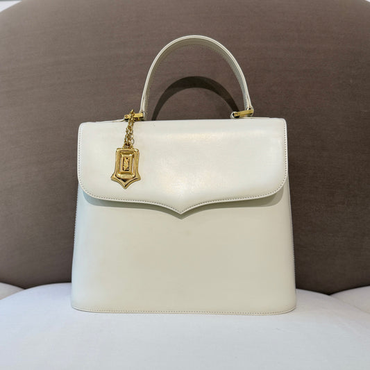 Yves Saint Laurent Vintage White Leather With Golden Logo Charm Top Handle Handbag