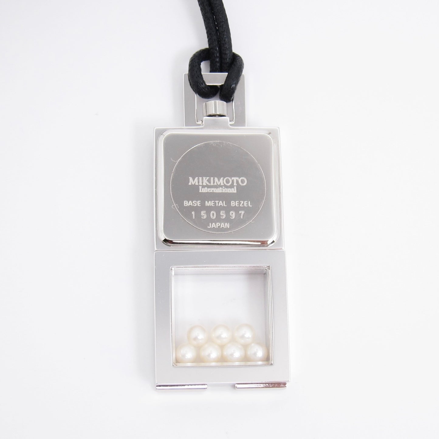 Mikimoto Vintage Square White Face Silver Pendant Watch with Pearl Box and Black Leather Cord