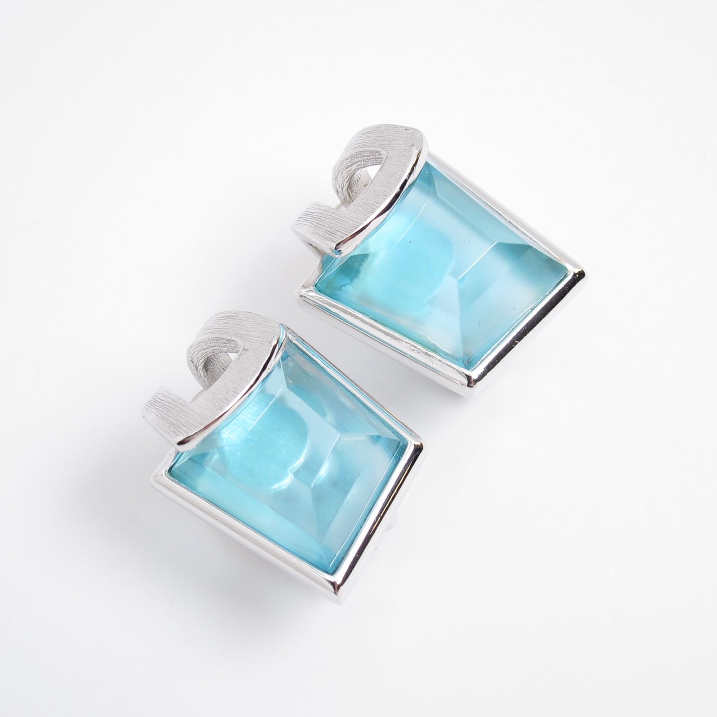 Christian Dior Vintage Rectangle Aqua Blue Stone Silver Clip-on Earrings