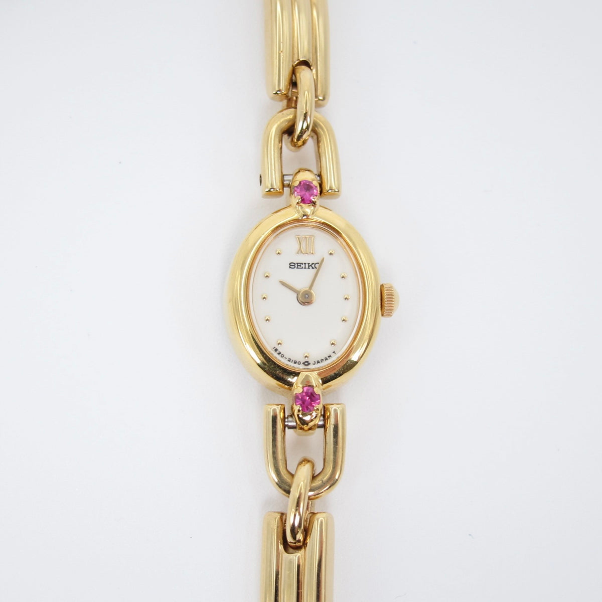 Seiko Vintage Oval Dial Amethyst Stone Bone Link Golden Watch