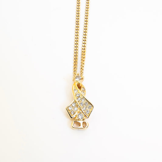 Christian Dior Vintage CD Logo and Ribbon with Rhinestone Golden Necklace