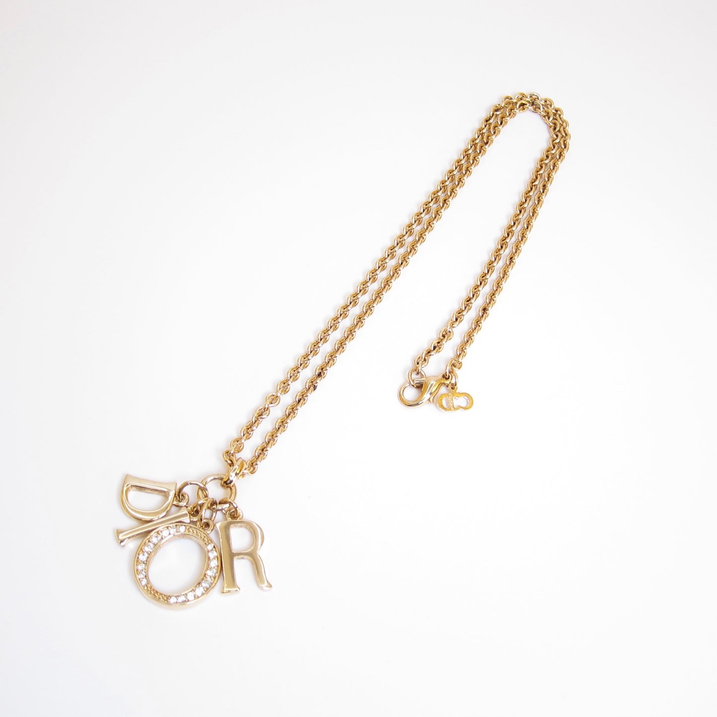 Christian Dior Vintage Dior Letter Charm with Rhinestone Golden Necklace