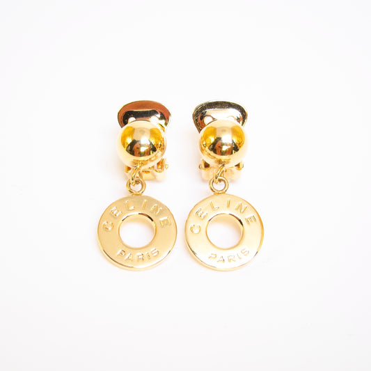 Celine Vintage Celine Logo on Circle Dangling Golden Clip-on Earrings
