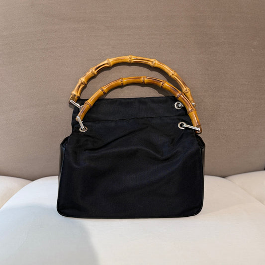 Gucci Black Bamboo Handle Black Nylon & Leather Handbag
