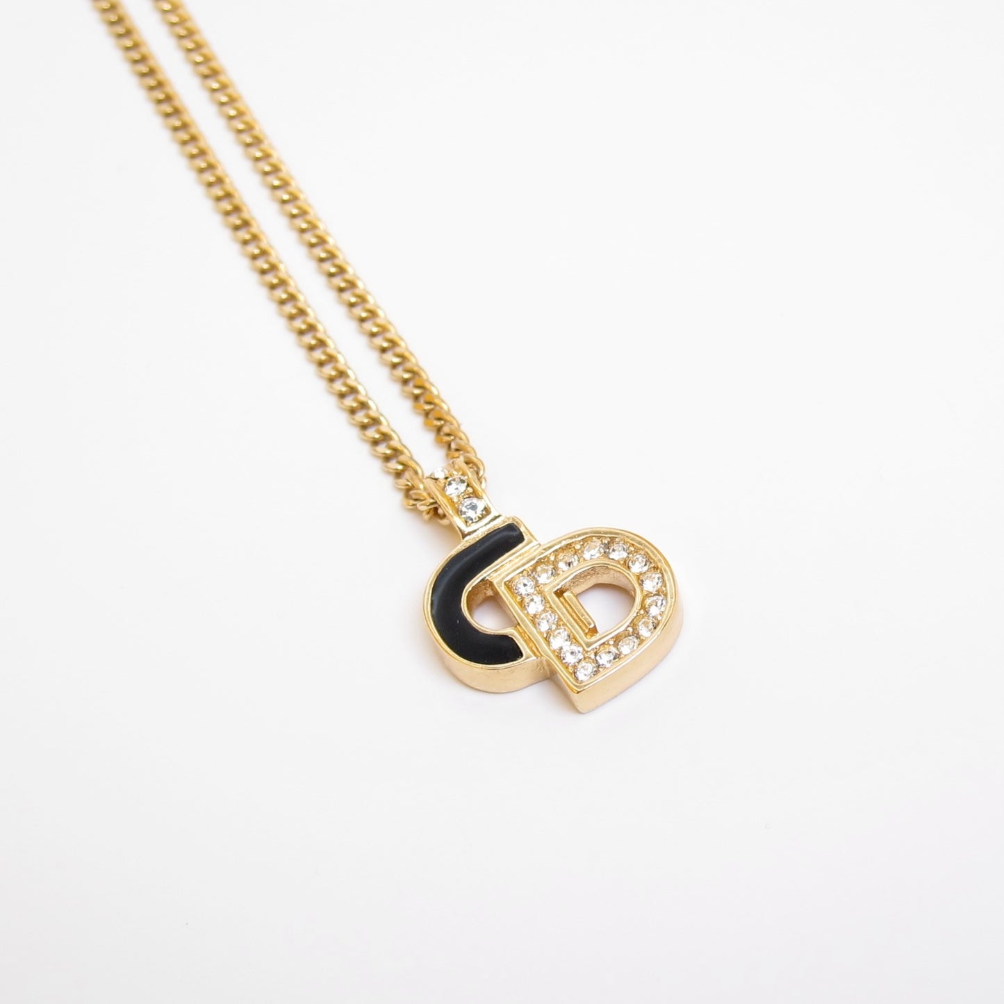 Christian Dior Vintage CD Logo Black and Rhinestone Golden Necklace